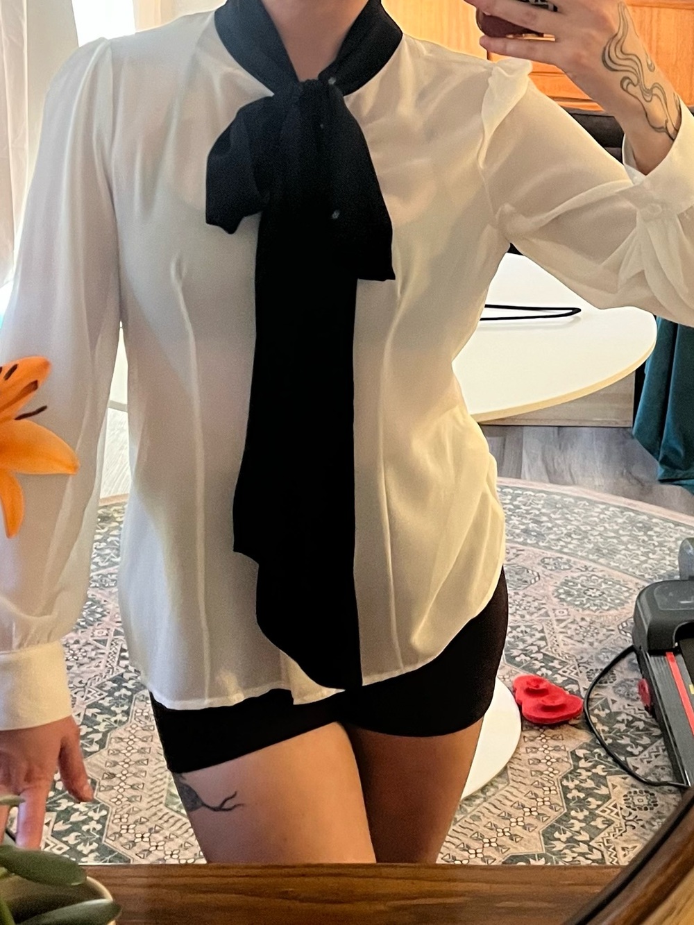 White Long-Sleeve Blouse with Black Necktie Bow